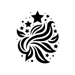 Abstract Starburst Silhouette with Swirls and Leaves - Black and White Design