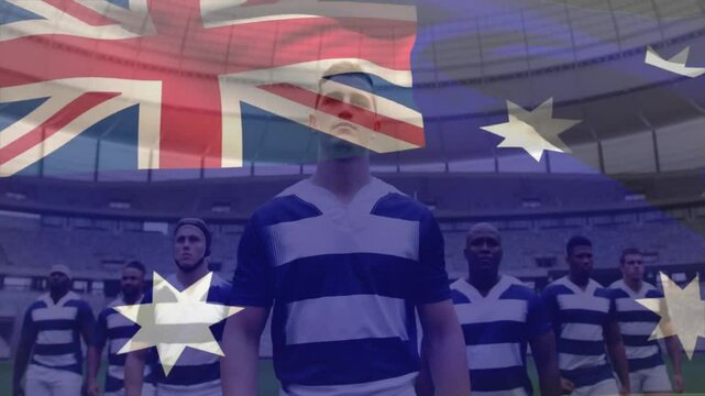 Standing on field, rugby players with Australian flag overlay in animation