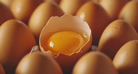Broken egg yolk in carton of eggs
