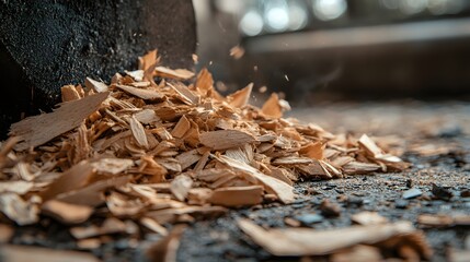 Close up of Light Brown Wood Shavings on Dark Ground Woodworking Waste Detail Shot