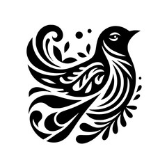 Ornate Black Bird Silhouette on White Background
