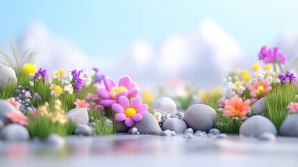Colorful flowers, stones, and grass in a spring-like garden. Soft, pastel colors create a serene and whimsical atmosphere