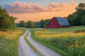 Country road leading to a red barn at sunset through green fields