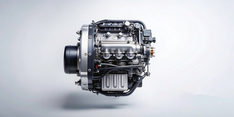 Closeup Drone Shot of a Detailed Engine on a White Background Engineering Precision and Power Captured in Stunning