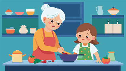 As they work side by side in the kitchen a grandmother teaches her grandchild the importance of patience and attention to detail in creating their. Vector illustration