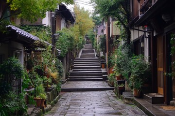 Fototapeta premium Traditional narrow alley in Japanese town with wooden buildings and plants