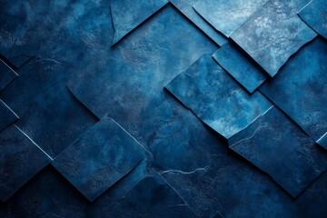 Geometric abstract pattern of layered blue tiles with textured surface