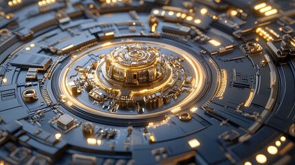 Fototapeta premium Futuristic Technology Abstract Background Golden Circuits Rotating Mechanism
