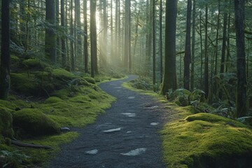 Obraz premium Moody forest path with sunlight shining through tall dense trees