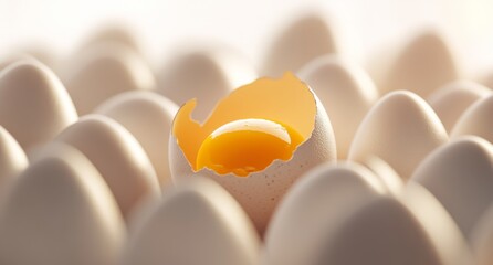 Fresh egg yolk in cracked shell, surrounded by eggs, bright light