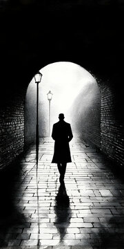 Fototapeta Silhouette of a Man Walking Down a Dark Alley at Night