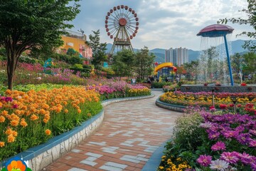 Colorful amusement park pathway with flower beds and Ferris wheel