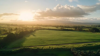 Fototapeta premium Serene Sunset over Lush Green Agricultural Fields in Tropical Landscape