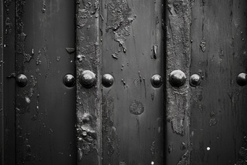 Metal door with round bolts and water droplets on surface
