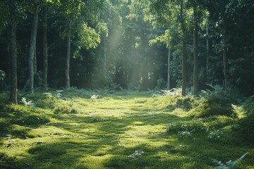 Obraz premium Sunlit forest glade with mossy ground and tall trees in background