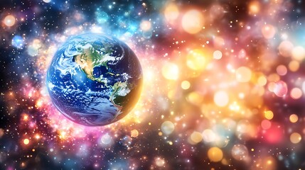 Fototapeta premium Planet Earth in Vibrant Cosmic Space – Colorful Universe, Stars, Galaxy, and Light Bokeh Background