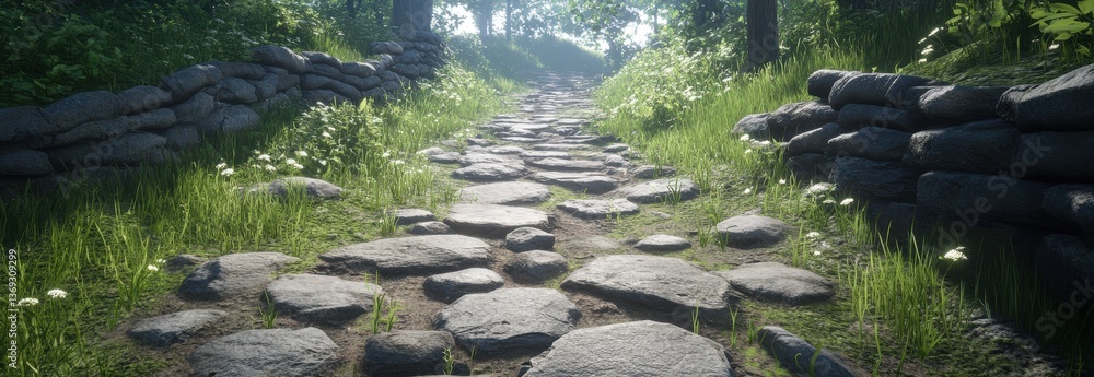 Aufkleber a serene stone pathway surrounded by lush greenery, leading deeper into a tranquil forest setting il