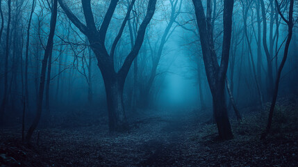 Obraz premium A scary forest at dim night with horror Halloween decorated conceptual.Spooky Halloween misty foggy forest at night with moonlight illuminating woods path.