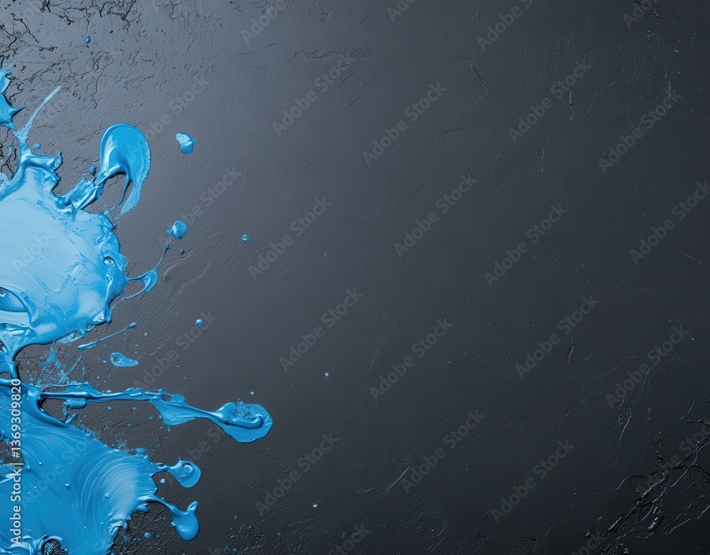 Poster a vibrant splash of blue paint on a textured dark surface, creating an artistic and dynamic visual c