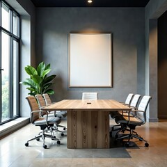 Modern gray open space office with large meeting room poster, corporate, meeting