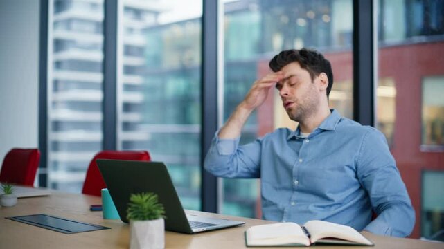 Worried employee find mistake in online project sitting office workspace closeup