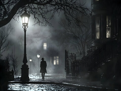 Fototapeta Silhouette of a Man Walking on a Foggy Night Street