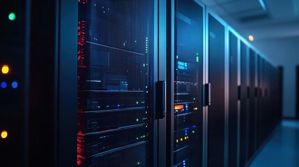 Modern Server Room with Blue Light and Data Storage Equipment