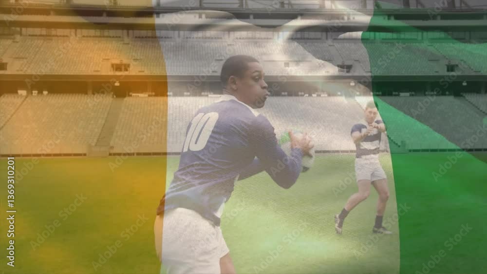 Poster passing ball on field, rugby players with animation of irish flag overlay