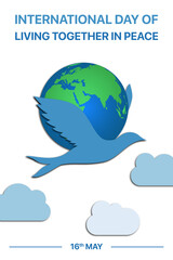 International Day of Living Together in Peace vector art. White dove flying while carrying a globe, representing peace, unity, and global togetherness.