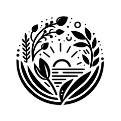 Black and White Nature Logo - Circle, Botanical, Sunset Design