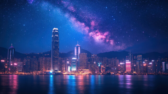 Hong Kong Skyline at Night with Milky Way
