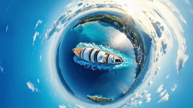 Aerial view of a luxurious yacht navigating through crystal-clear waters.
