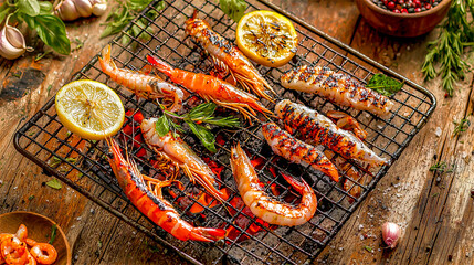 Shrimp and lemon grilled on the stove. Generative AI.