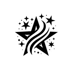 Black Star with Swirls & Stars, Minimalist Vector Graphic