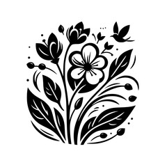 Black and White Floral Design with Bird, Minimalist Vector Art