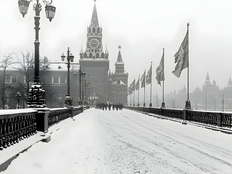 Fototapeta Snowy City Bridge Winter Scene in Black and White