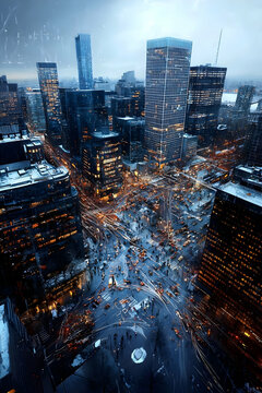 Fototapeta Snowy Cityscape at Night: High Angle View of Illuminated Buildings and Crowds