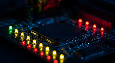 Illuminated Circuit Board with Glowing Leds Showing Electronic Activity