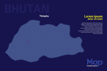 Map of Bhutan featuring rounded squares with light blue color. The location of the capital marked with a red square. Isolated on a dark blue background. Perfect for various design projects
