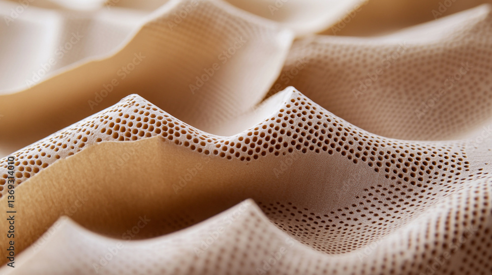 Poster a close up of beige perforated material with waves and holes in an abstract composition design style