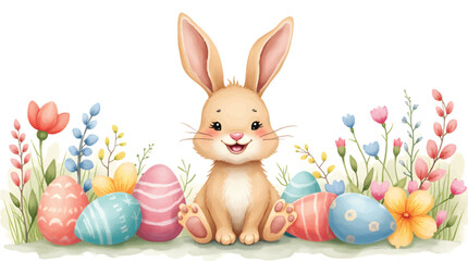 Happy easter, egg shell, eggs, and spring flowers. Spring pastel colors illustration, watercolor Easter bunny with colorful eggs and flowers	