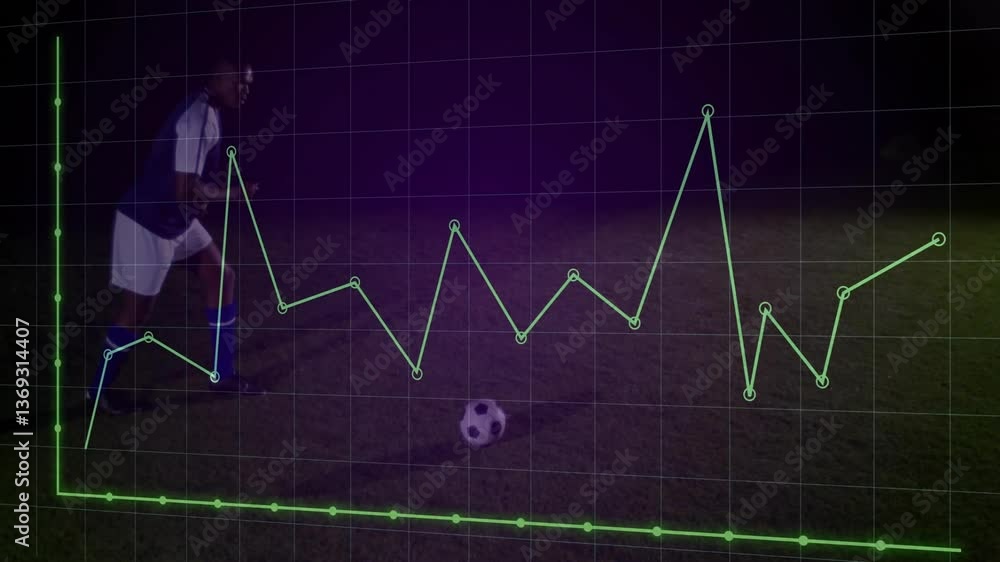 Poster soccer player on field with fluctuating data graph animation overlay