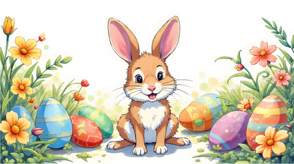 Happy easter, egg shell, eggs, and spring flowers. Spring pastel colors illustration, watercolor Easter bunny with colorful eggs and flowers	