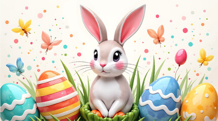 Happy easter, egg shell, eggs, and spring flowers. Spring pastel colors illustration, watercolor Easter bunny with colorful eggs and flowers	