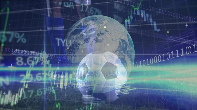 In school, animation of globe and soccer ball with financial data overlay - Powered by Adobe