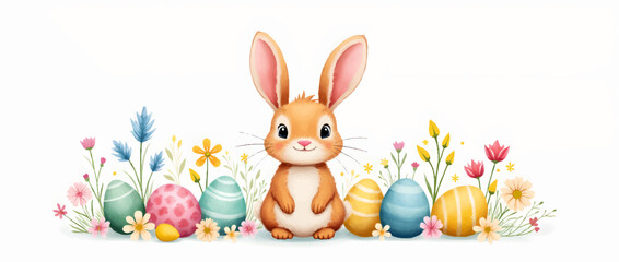 Happy easter, egg shell, eggs, and spring flowers. Spring pastel colors illustration, watercolor Easter bunny with colorful eggs and flowers	
