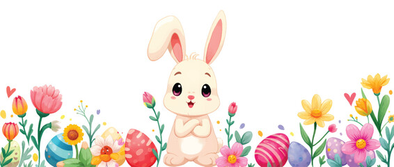 Obraz premium Happy easter, egg shell, eggs, and spring flowers. Spring pastel colors illustration, watercolor Easter bunny with colorful eggs and flowers 