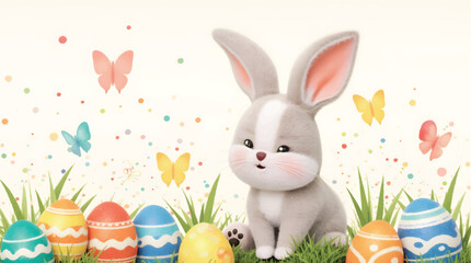 Happy easter, egg shell, eggs, and spring flowers. Spring pastel colors illustration, watercolor Easter bunny with colorful eggs and flowers	