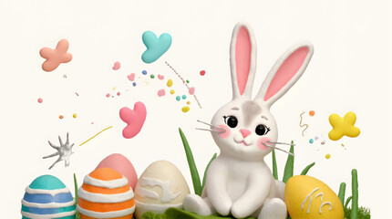 Happy easter, egg shell, eggs, and spring flowers. Spring pastel colors illustration, watercolor Easter bunny with colorful eggs and flowers	