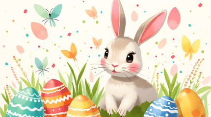 Happy easter, egg shell, eggs, and spring flowers. Spring pastel colors illustration, watercolor Easter bunny with colorful eggs and flowers	